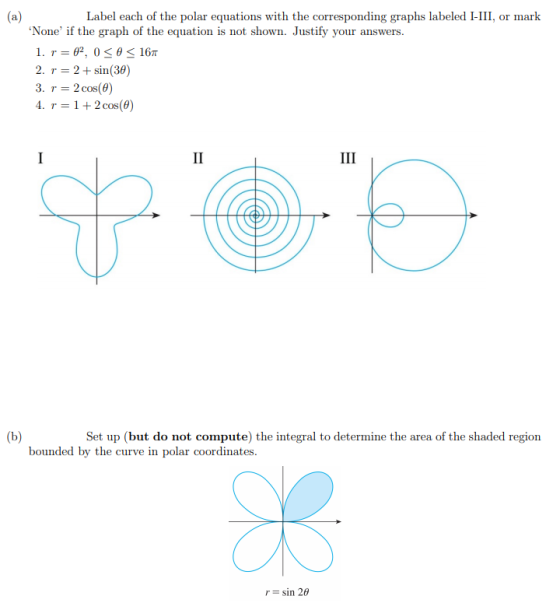 (a) Label each of the polar equations with the corresponding graphs labeled I-III, or mark None if the graph of the equation