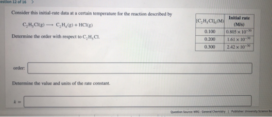 estion 12 of 16 Consider this initial-rate data at a certain temperature for the reaction described by Initial rate C,H,Cl1O