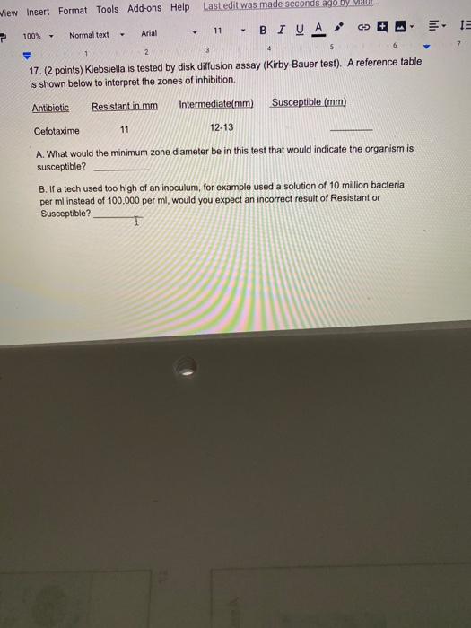 Last edit was made seconds ago by Maur wiew Insert Format Tools Add-ons Help is 3 4 2 1 100% - Normal text Arial - 11 - BI U