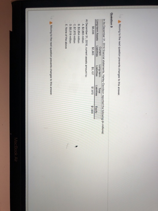 Moving to the next question prevents changes to this answer Question 9 In its December 31, 2016 financial statements, Harley-