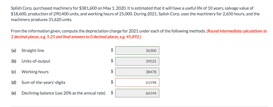 Splish Corp. purchased machinery for $381,600 on May 1, 2020. It is estimated that it will have a useful life of 10 years, sa