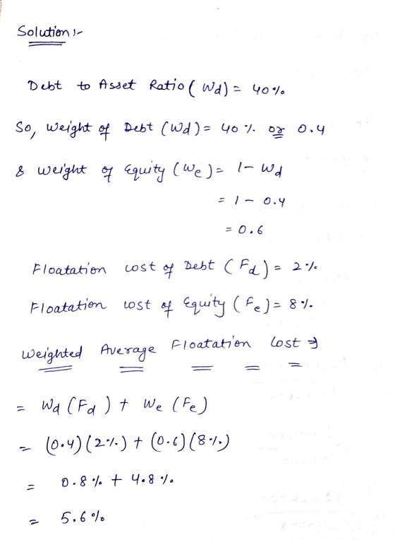 Solutions Debt to Asset Ratio ( Wd) = 40% So, weight of Debt (Wd)= 40% of 0.4 & weight of Equity (wel=1-Wd = (-0.4 = 0,6 Floa