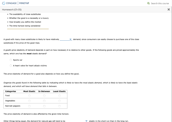 CENGAGE MINDTAP Q Search this course Homework (Ch 05) x • The availability of close substitutes • Whether the good is a neces