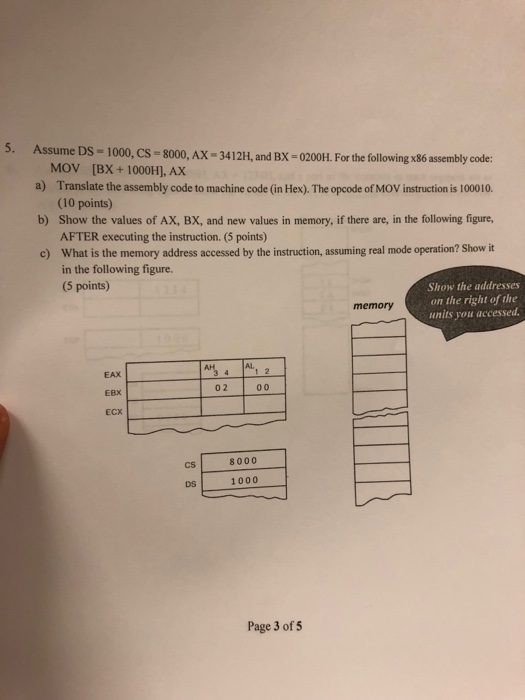 5. Assume DS-1000, CS- 800, Ax-3412H, and BX-0200H. For the following x86 assembly code: MOV [BX +1000H], AX a) Translate the assembly code to machine code (in Hex). The opcode of MOV instruction is 100010. b) Show the values of AX, BX, and new values in memory, if there are, in the following figure c) (10 points) AFTER executing the instruction. (5 points) What is the memory address accessed by the instruction, assuming real mode operation? Show it in the following figure. (5 points) Show the addresses on the right of the units you accessed. memory 12 02 00 AL EAX EBX ECX CS 8000 DS 1000 Page 3 of s