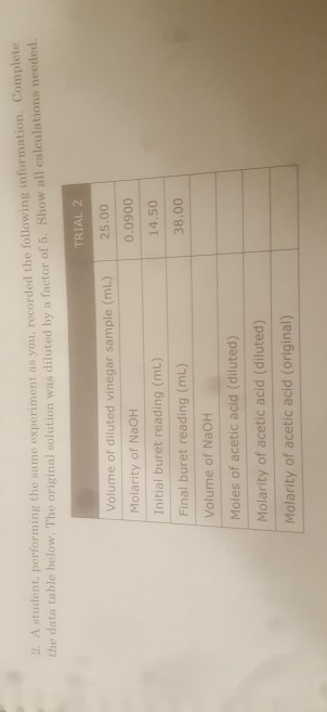 2A student, performing the same experiment as you, recorded the following informat orded the following information. Complete