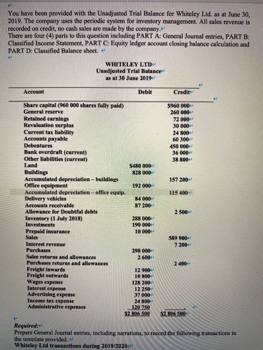 You have been provided with the Unadjusted Trial Balance for Whiteley Ltd. as at June 30, 2019. The company uses the periodic