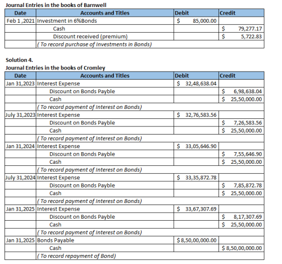 Credit Debit $ 85,000.00 Journal Entries in the books of Barnwell Date Accounts and Titles Feb 1,2021 Investment in 6%Bonds C