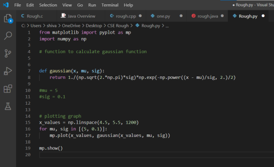File Edit Selection View Go Run Terminal Help • Rough.py - Visual Stu one.py rough.java Rough.py. 1 C Rough.c Java Overview G