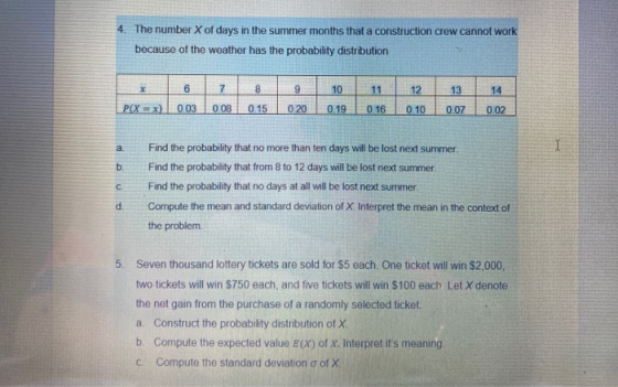 4. The number X of days in the summer months that a construction crew cannot work because of the weather has the probability