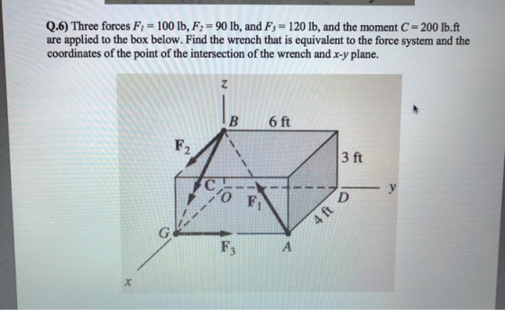 Q.6) Three forces Fi = 100 lb, F2 = 90 lb, and F3 = 120 lb, and the moment C= 200 lb.ft are applied to the box below. Find th