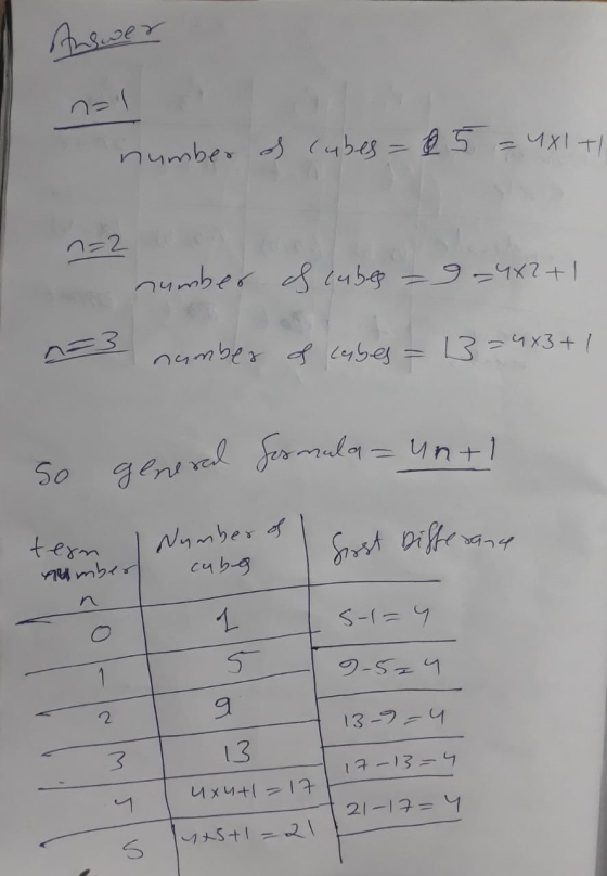 Answer nal uxlt number of cubes = 85. n=2 number of cubes =9=4x2+1 1=3 number of cabes = 3=4x3+1 so general Sermula = unti te