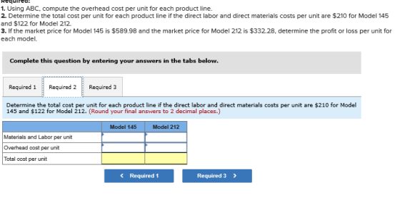 Requirea! 1. Using ABC, compute the overhead cost per unit for each product line. 2. Determine the total cost per unit for ea