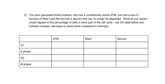 3) You have generated three mutants: one has a constitutively active ATM, one has a loss of function of Wee1 and the last has