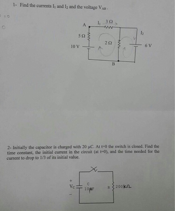 1- Find the currents Ii and I2 and the voltage VAB 2Ω 6 V 2- Initially the capacitor is charged with 20 uC. At t-0 the switch