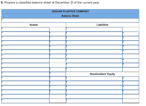 5. Prepare a classified balance sheet at December 31 of the current year. JAGUAR PLASTICS COMPANY Balance Sheet Assets Liabil