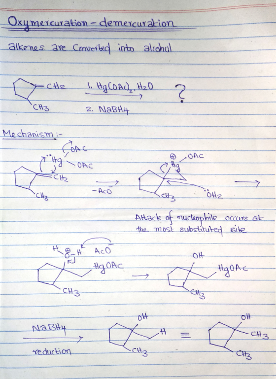 Oxu mercuration - demercuration alkenes are converted into alcohol CH2 1. Hg COAc), H20 z CH3 2. NaBH4 Mechanism :- AC 7 Hg O