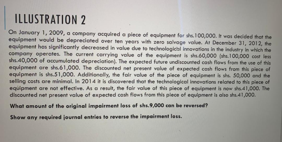 ILLUSTRATION 2 On January 1, 2009, a company acquired a piece of equipment for shs. 100,000. It was decided that the equipmen