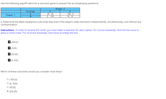 Use the following payoff matrix for a one-shot game to answer the accompanying questions. Strategy A B Player 2 X Y 25, 25 -1