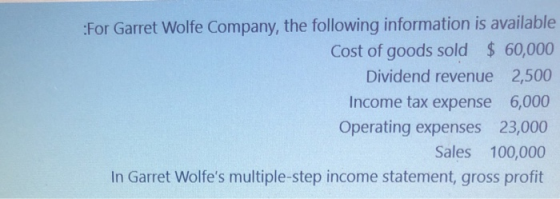 For Garret Wolfe Company, the following information is available Cost of goods sold $ 60,000 Dividend revenue 2,500 Income ta