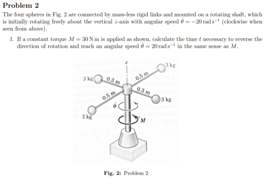 Problem 2 The four spheres in Fig. 2 are connected by mass-less rigid links and mounted on a rotating shaft, which is initial