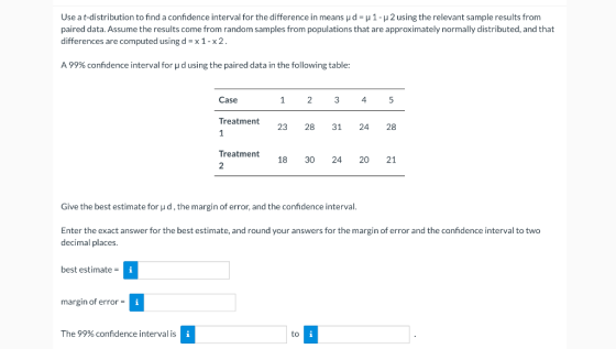 Use a t-distribution to find a confidence interval for the difference in means ud au 1-2 using the relevant sample results fr