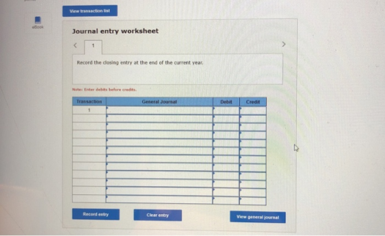 View transaction list Journal entry worksheet Record the closing entry at the end of the current year, Notes Enter debts befo