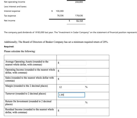 Net operating income 244,800 Less interest and taxes: Interest expense $ 100,300 78,336 Tax expense 178,636 Net income 66,164