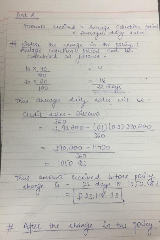 Pakt A Accounta んecertud--Average. Collecton petur! clay sales #detou thi han lo x 40 1eo 12 1eo Thus Ciudit sales- Oscount 360 ,10.000 00 33o,00 360 390,000-11700 360 10.50 . Thus, amount uceved bitou pou -22 Ouc change Ater the xhangt