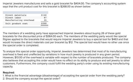 Imperial Jewelers manufactures and sells a gold bracelet for $404.00. The companys accounting system says that the unit prod