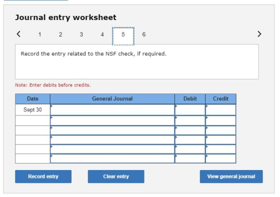 Journal entry worksheet Record the entry related to the NSF check, if required. Note: Enter debits before credits. General Jo