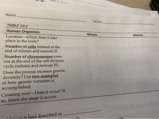 PART IV 57 Name Section Mitosis Meiosis TABLE 10.2 TSI Human Organism Location where does it take place in the body? Number o