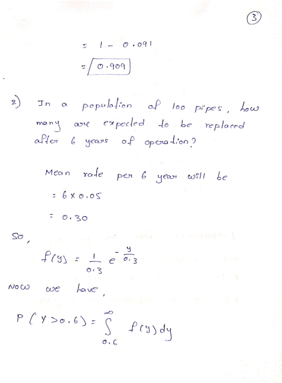 1 0.091 -10.909) 2) In a population of 100 pipes, how many are expected to be replaced after 6 years of operation ? Mean rate