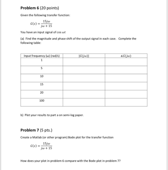 Problem 6 (20 points) Given the following transfer function: G(s)-15j% ja +15 You have an input signal of cos wt (a) Find the