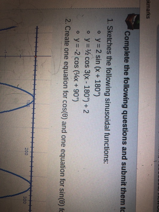 okmarks Complete the following questions and submit them to 1. Sketches the following sinusoidal functions: o y=2 sin (x + 18
