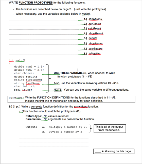 WRITE FUNCTION PROTOTYPES for the following functions. The functions are described below on page 2. (Just write the prototype