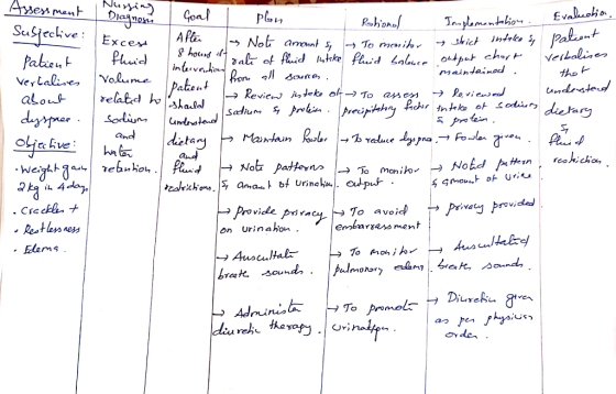 | Excess indem s protein. precipitating to I hater , and Assessment | Nursing Размохи | Goal I plan Susjechive: | Robional Im
