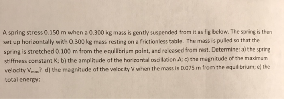 A spring stress 0.150 m when a 0.300 kg mass is gently suspended from it as fig below. The spring is then set up horizontally