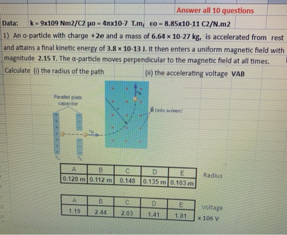 Answer all 10 questions Data: k=9x109 Nm2/C2 po = 41x10-7 T.m, 60 = 8.85x10-11 C2/N.m2 1) An a-particle with charge +2e and a