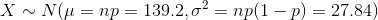 X\sim N(\mu=np=139.2,\sigma^2=np(1-p)=27.84)