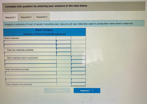 Complete this question by entering your answers in the tabs below. Required 1 Required 2 Required 3 Prepare a schedule of cos