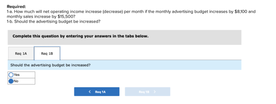 Required: 1-a. How much will net operating income increase (decrease) per month if the monthly advertising budget increases b