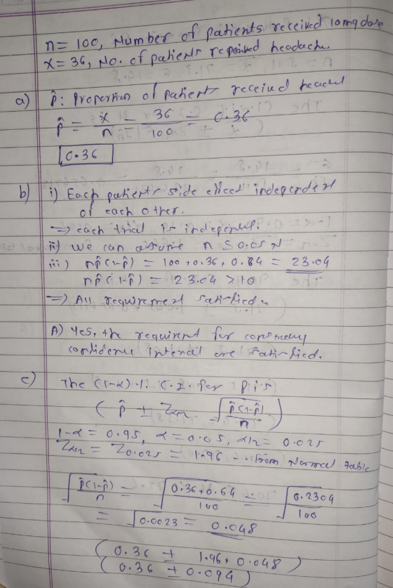 na 100, Number of patients received long dove x= 36, No. of patients reperibed headache P: Propertion of patients receind hea