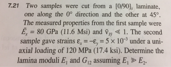 7.21 Two samples were cut from a [0/90], laminate, one along the 0° direction and the other at 45° The measured properties from the first sample were E 80 GPa (11.6 Msi) and Vy1. The second sample gave strains e, - -g, 5 x 103 under a uni- axial loading of 120 MPa (17.4 ksi). Determine the lamina moduli E, and G12 assuming ET> E2