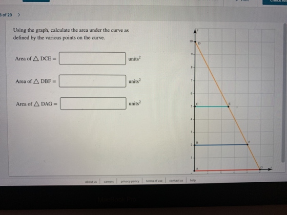 3 of 29 > Using the graph, calculate the area under the curve as defined by the various points on the curve. 10 Area of A DCE- units2 Area of △ DBF- uni Area of A DAG- units2 about us careers privacy policy terms of use contact us help