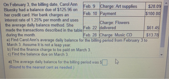 On February 3, the billing date, Carol Ann Bluesky had a balance due of $125.96 on her credit card. Her bank charges an inter