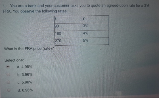 1. You are a bank and your customer asks you to quote an agreed-upon rate for a 36 FRA. You observe the following rates. 90 3