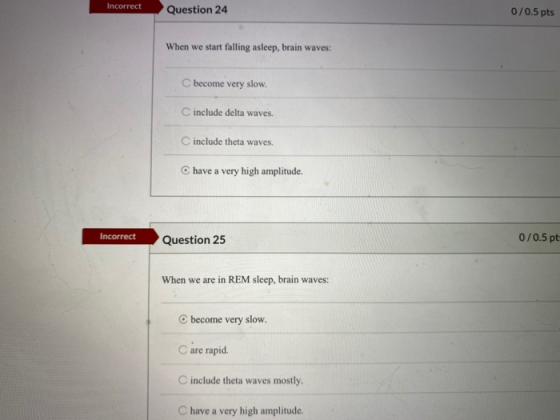 Incorrect Question 24 0/0.5 pts When we start falling asleep, brain waves: C become very slow. C include delta waves. C inclu