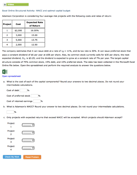 Video Excel Online Structured Activity: WACC and optimal capital budget Adamson Corporation is considering four average-risk