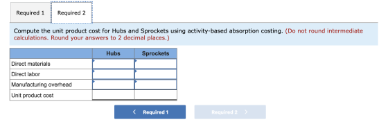 Required 1 Required 2 ----------- Compute the unit product cost for Hubs and Sprockets using activity-based absorption costin