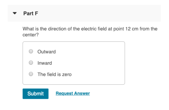 Part F What is the direction of the electric field at point 12 cm from the center? O Outward O Inward O The field is zero Submit Request Answer